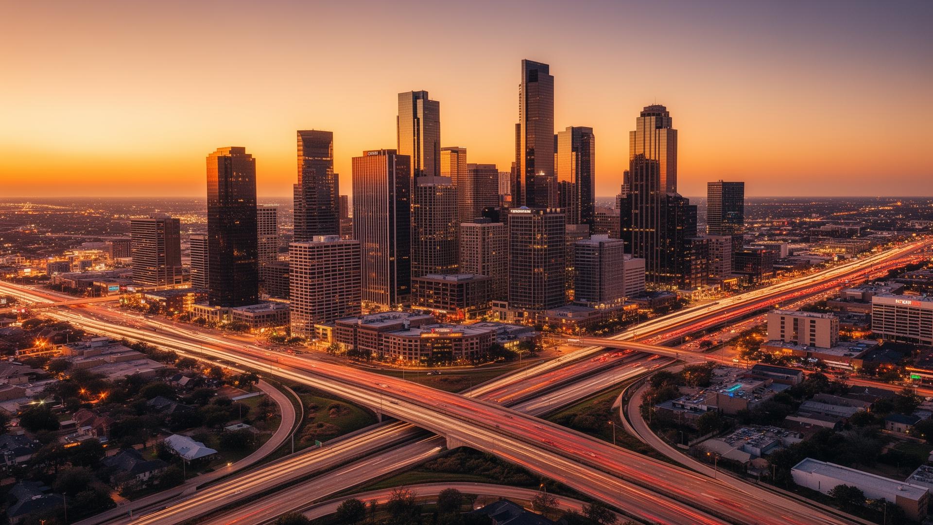 Dallas-Fort Worth skyline at golden hour with highway traffic